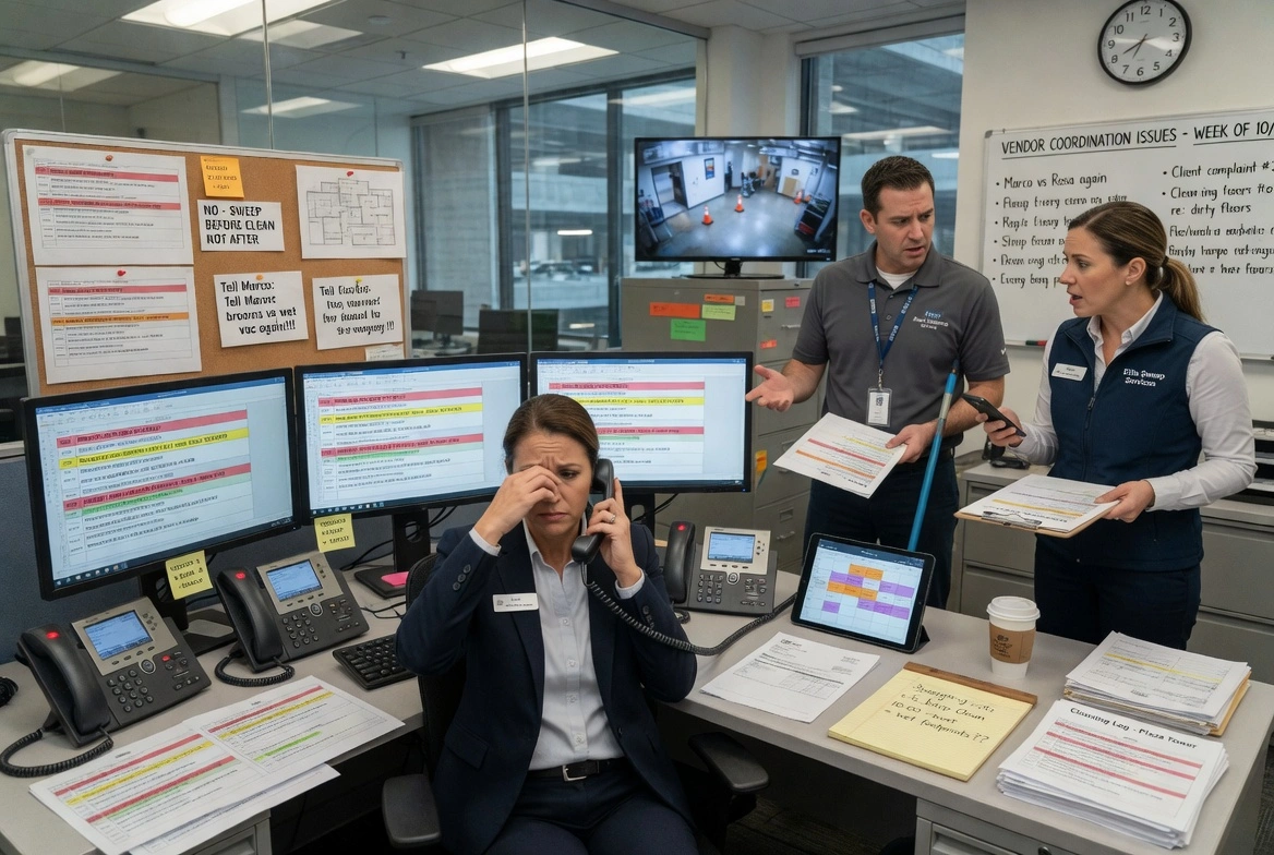 Stressed facility manager: Overwhelmed woman on the phone in a messy office, with frustrated colleagues discussing cleaning vendor issues