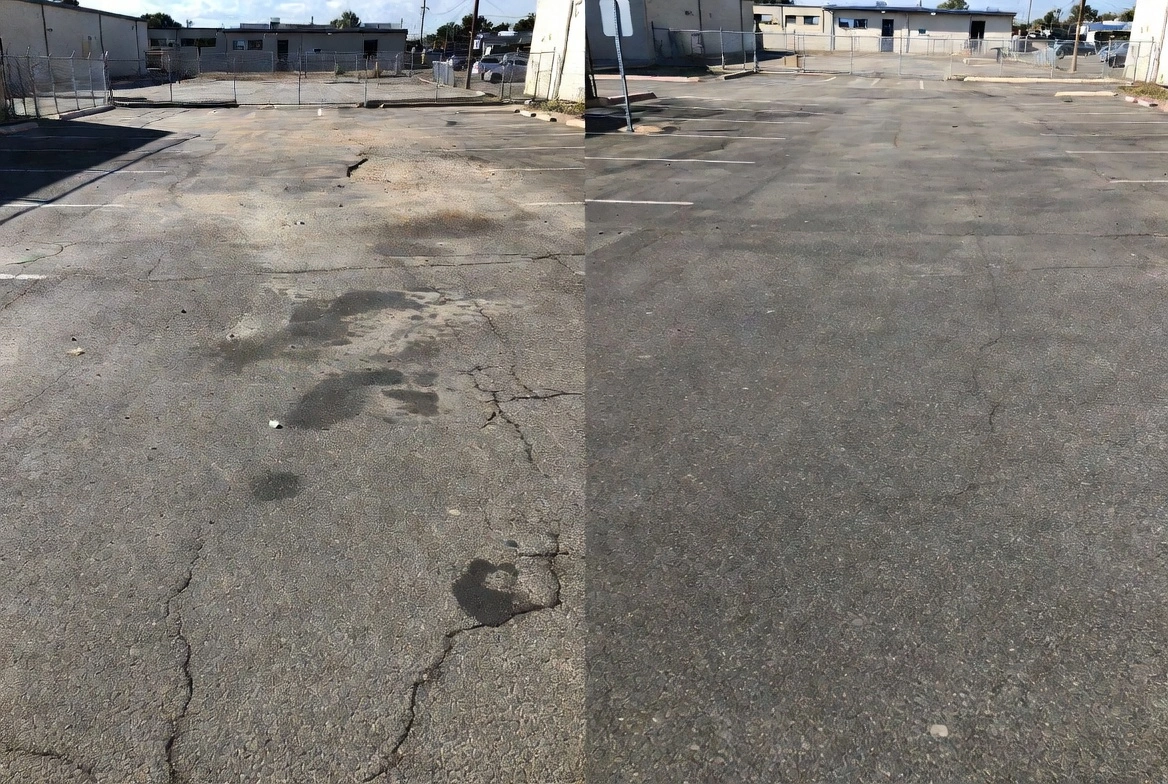 Before and after view of cracked damaged asphalt parking lot repair