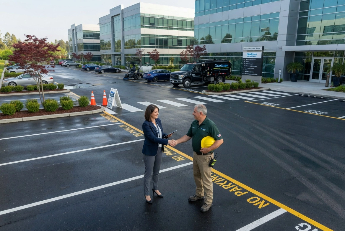 Businesswoman and contractor shaking hands in a modern office parking lot