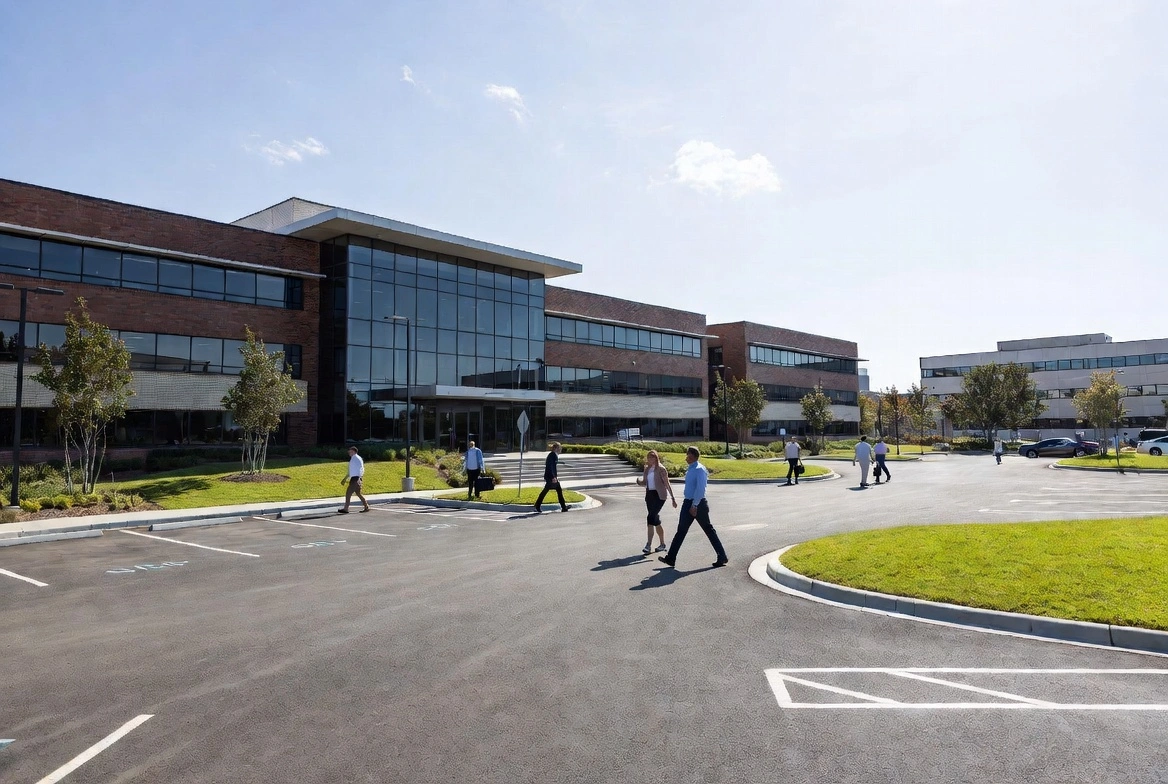 Modern office building campus on sunny day with people walking across parking lot