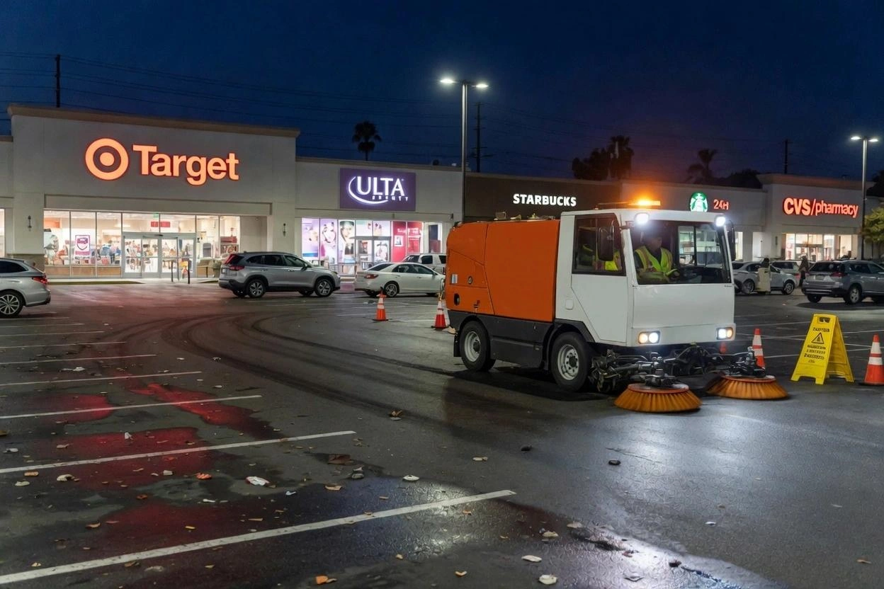 Orange street sweeper working at night in front of Target shopping center