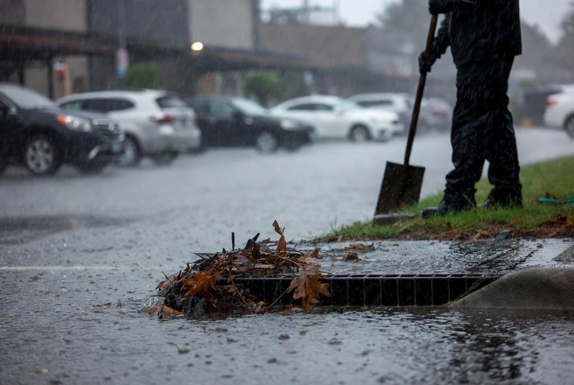Person in rain gear clearing clogged storm drain with leaves during heavy rain