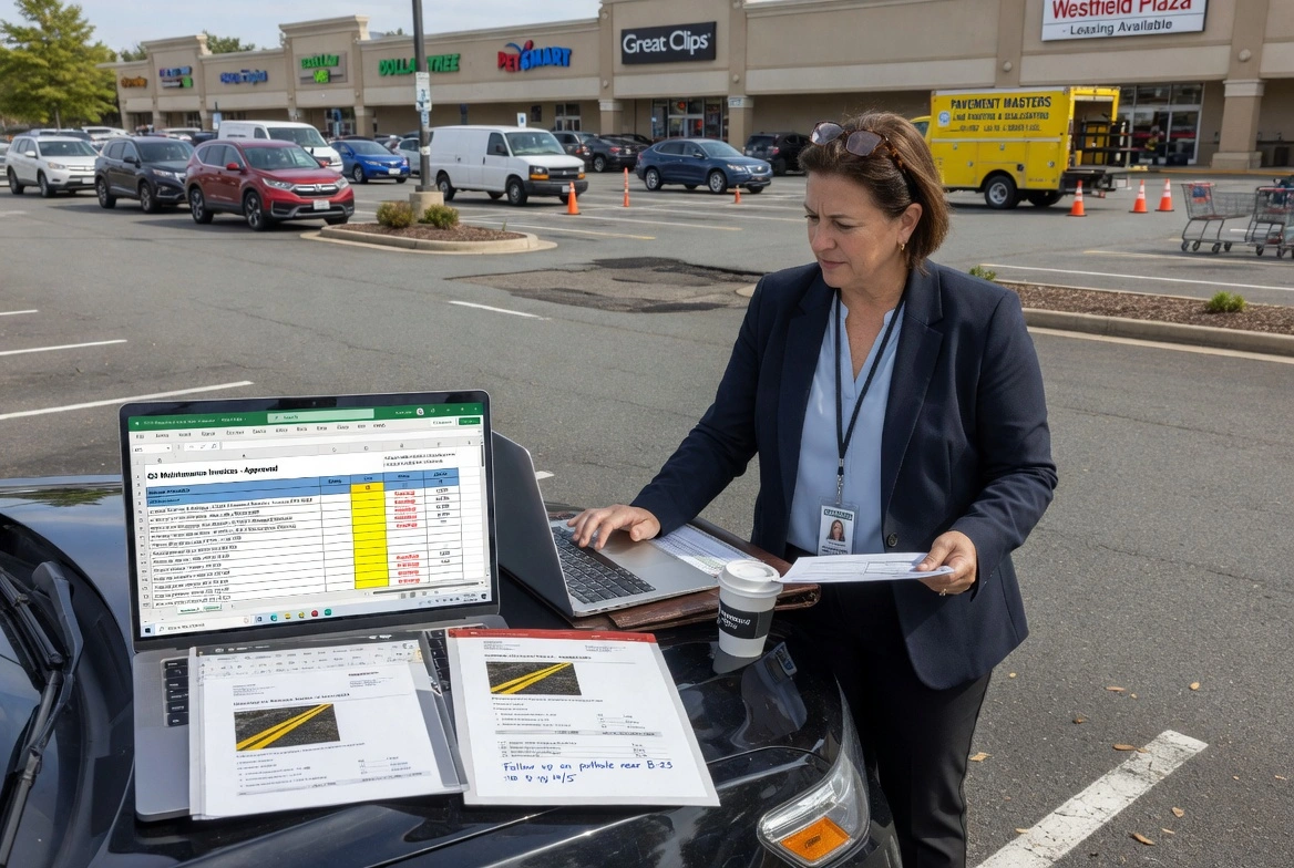 Professional woman reviewing documents and laptop on car hood in parking lot