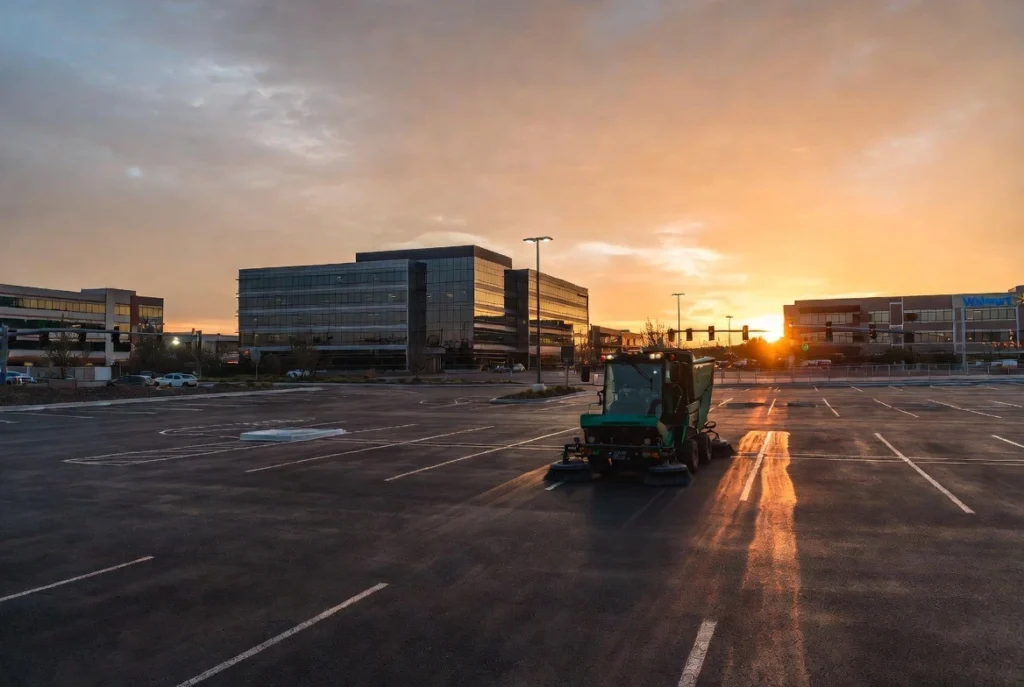 Street sweeper cleaning large parking lot at sunset with modern buildings in background