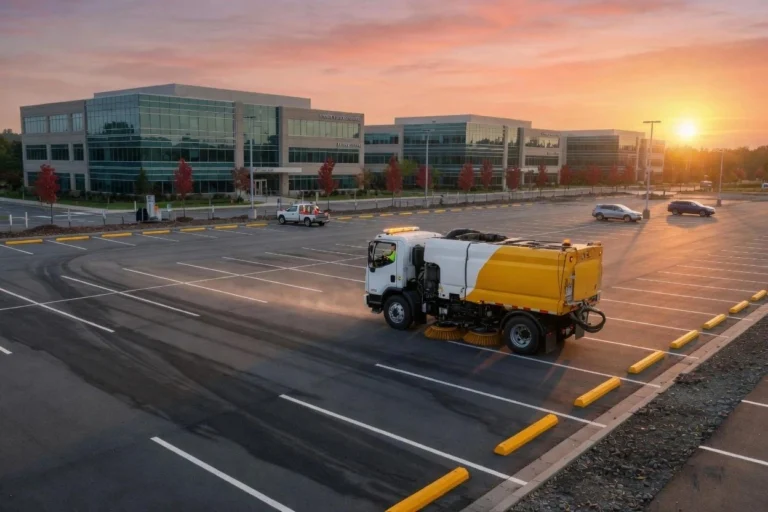 Yellow street sweeper working at night in front of Target shopping center