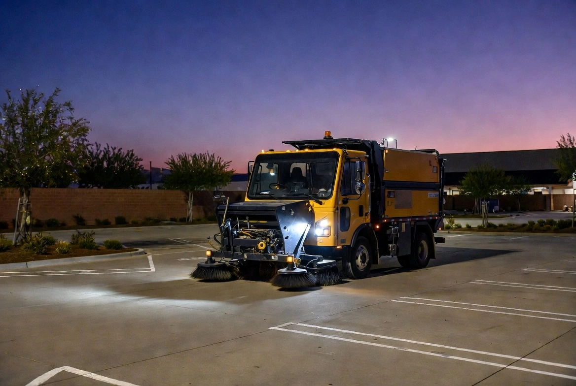 Yellow street sweeper truck working at dusk in illuminated parking lot