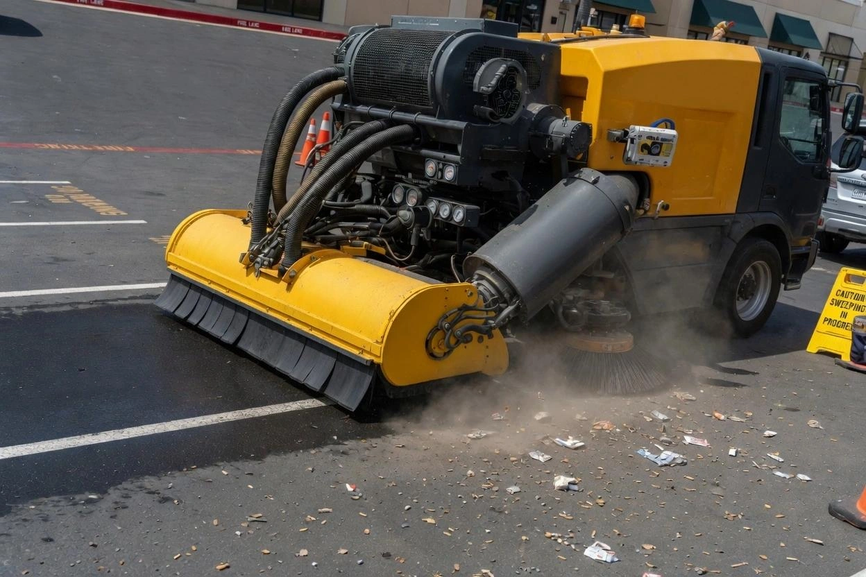 Yellow Tennant street sweeper cleaning debris on a parking lot