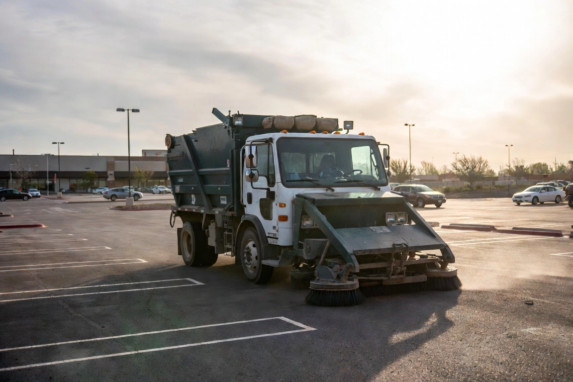 Real photo of large street sweeper truck actively cleaning asphalt in sunny parking lot