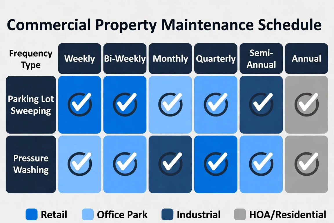 Commercial property maintenance schedule table showing frequencies for parking lot sweeping and pressure washing