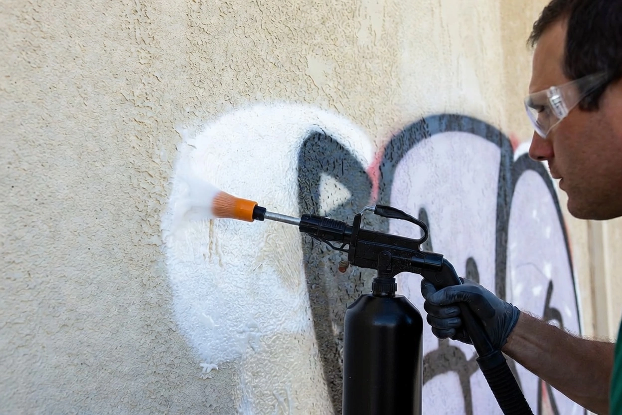 Man in safety glasses applying chemical gel with low-pressure sprayer to remove graffiti from wall