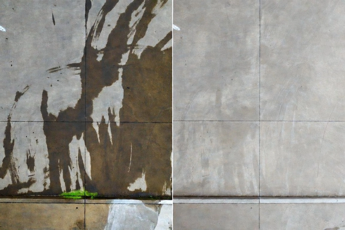Split concrete tiles: dirty stained with dark spills and green moss on left, clean uniform gray on right