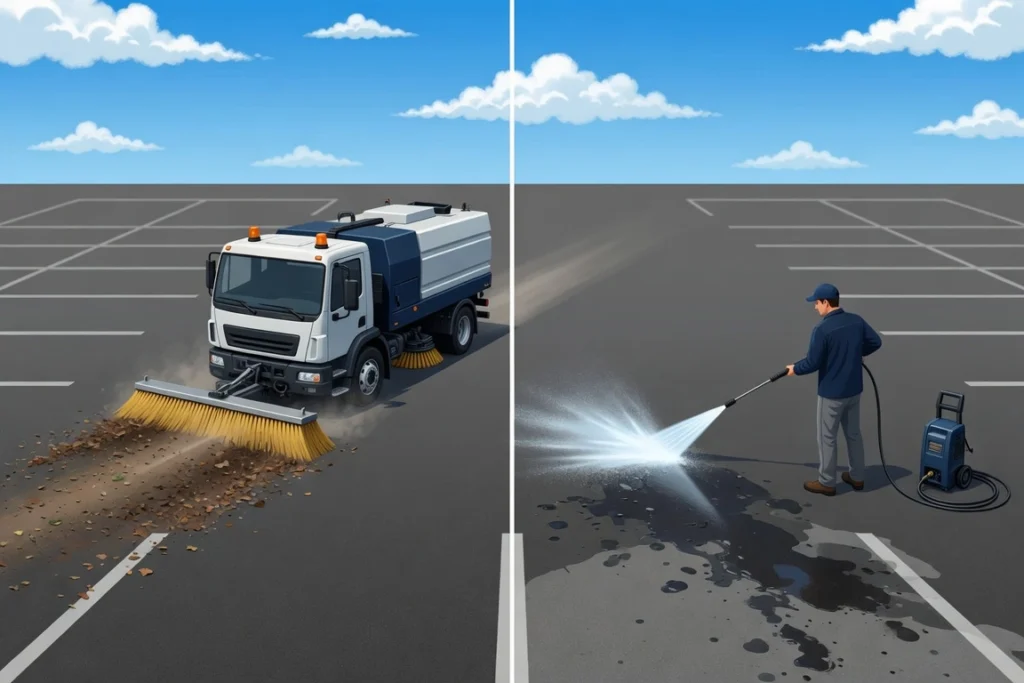 Split view: street sweeper truck brushing leaves on left, man pressure washing dark stains on parking lot on right