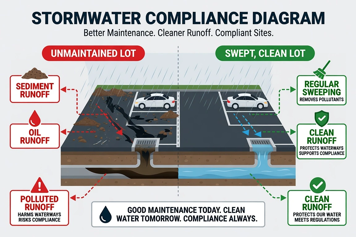 Stormwater compliance diagram comparing polluted runoff from unmaintained lot vs clean runoff from swept lot