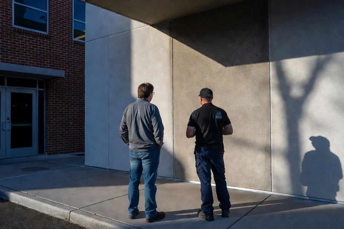 Two men standing outside modern building, examining the exterior wall