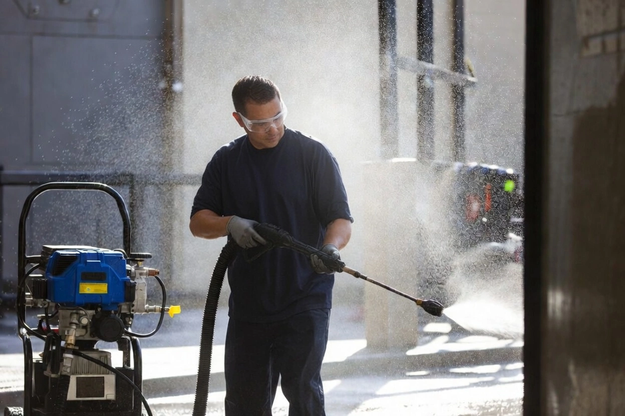 Worker in safety glasses and gloves operating pressure washer machine outdoors