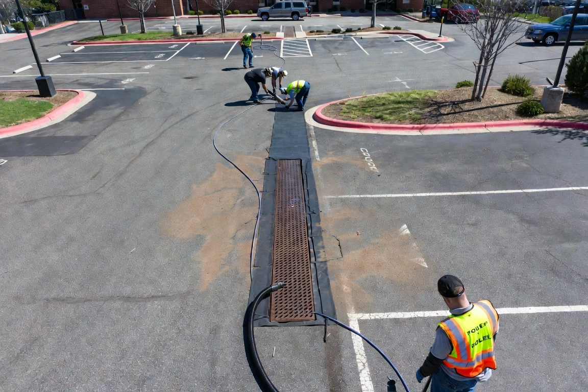 Workers in safety vests cleaning parking lot drain with hoses and equipment