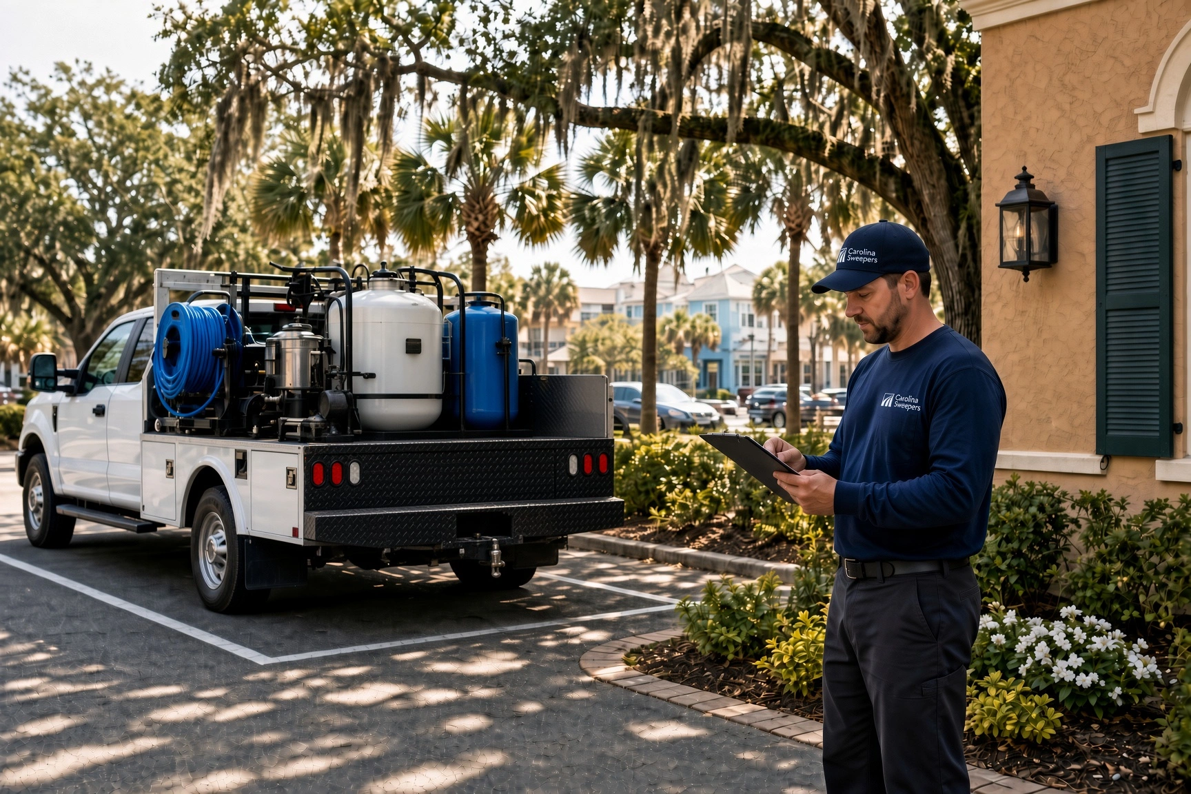 Carolina Sweepers technician and service truck at coastal property