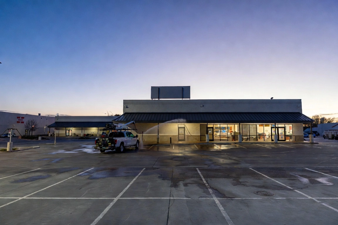 Commercial building at dusk with truck pressure washing facade and wet parking lot