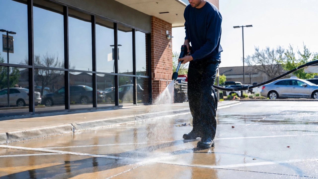 Commercial pressure washing of sidewalk at storefront