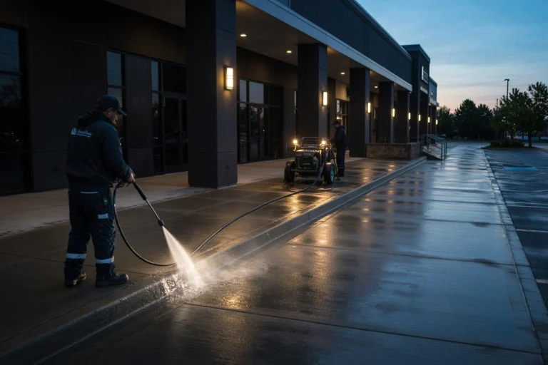 Commercial pressure washing crew cleaning a Greensboro storefront sidewalk during off-hours