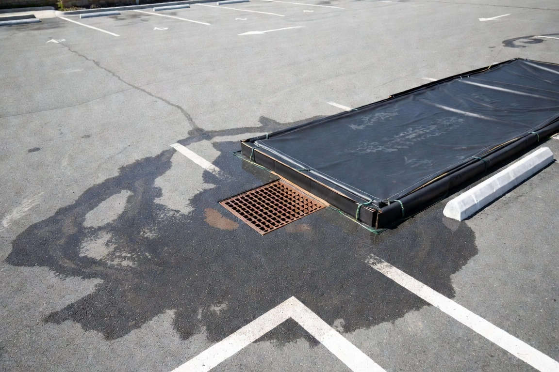 Parking lot drain covered by black tarp with water stains on asphalt surface