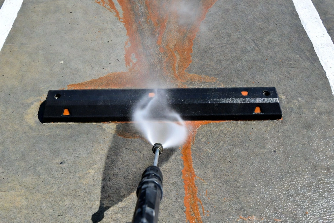 Pressure washer removing red clay stains from a concrete parking stop at a Greensboro commercial lot