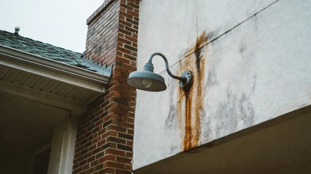 Salt air rust stains on stucco wall in Wilmington