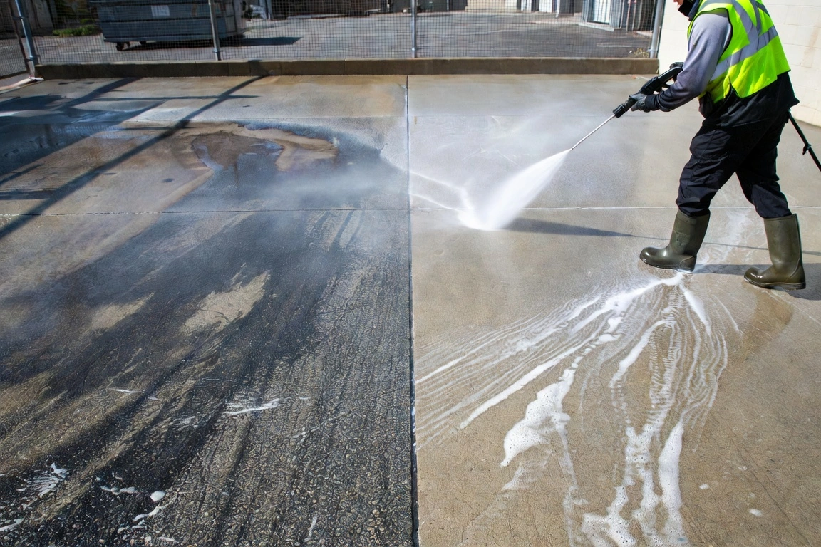 Worker in a safety vest pressure washing stained commercial concrete, revealing the cleaned surface