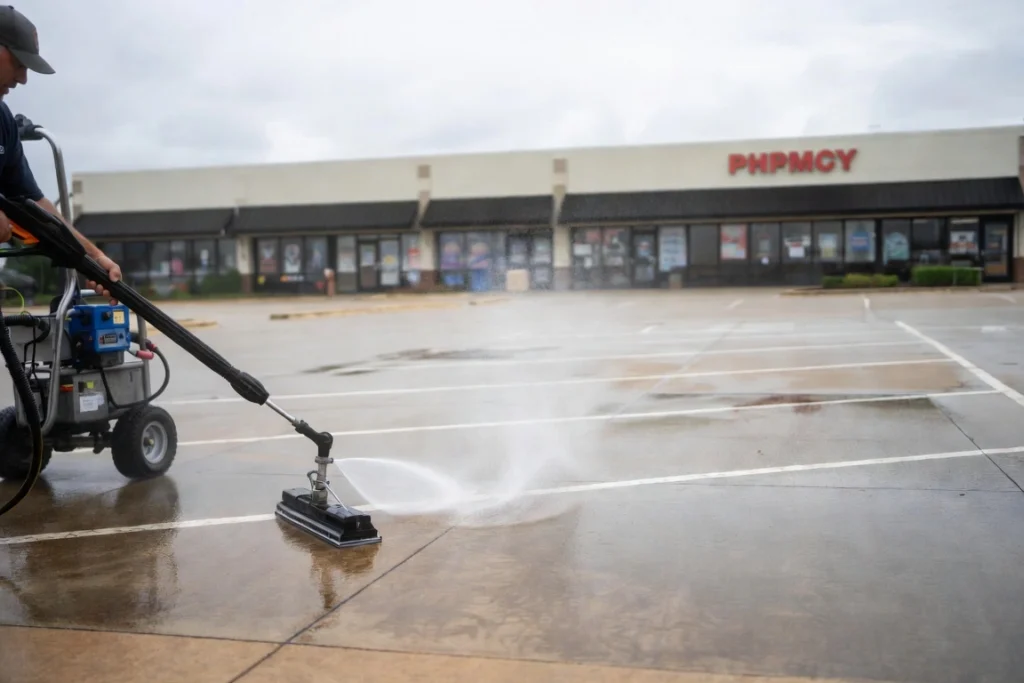Worker using surface cleaner on wet parking lot in front of pharmacy building