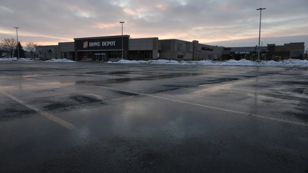 Empty commercial parking lot at dusk with snow piles and a wet, icy surface