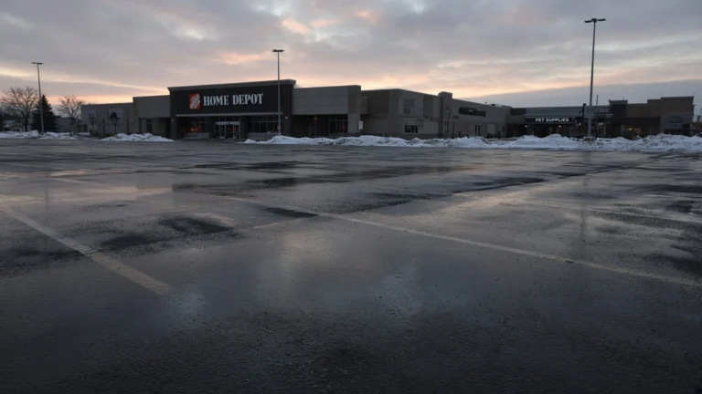 Empty commercial parking lot at dusk with snow piles and a wet, icy surface