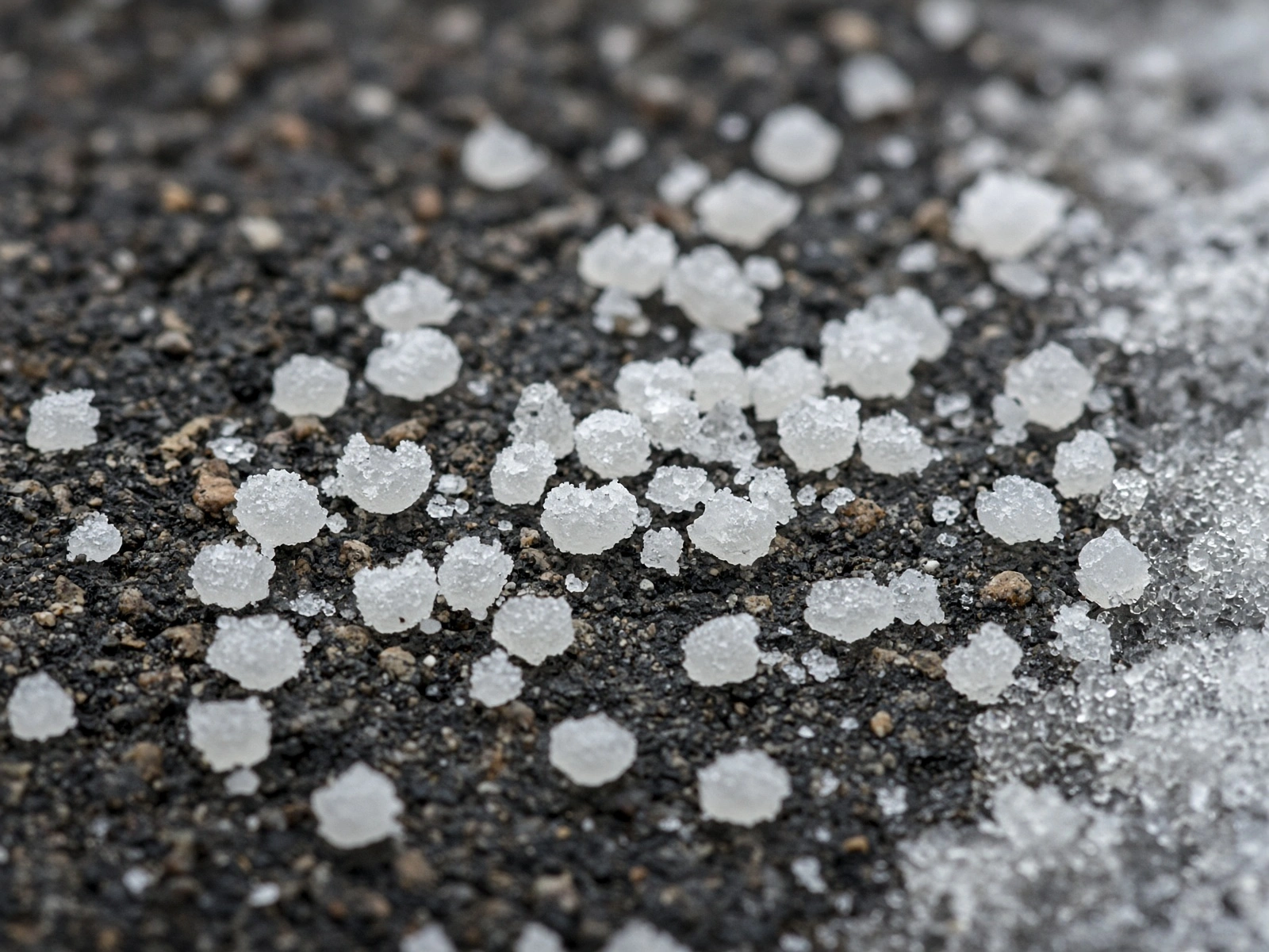 Close-up of granular ice-melt and salt crystals scattered on dark asphalt