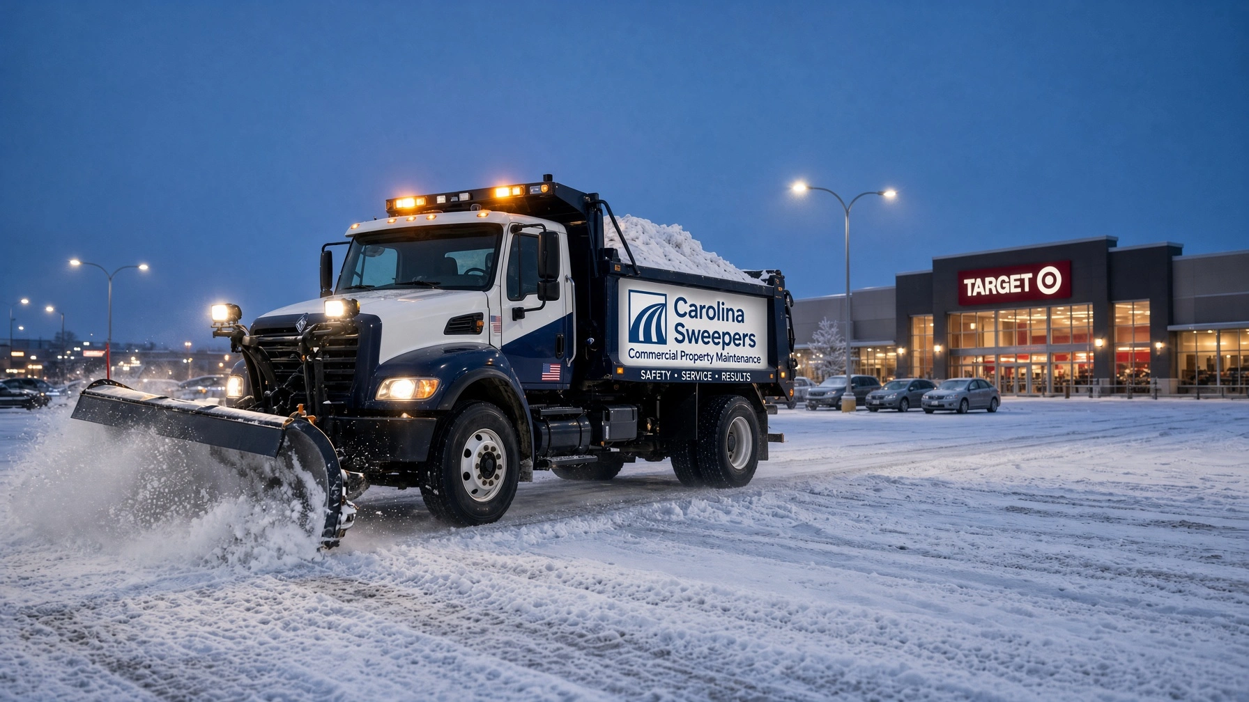 Carolina Sweepers snow plow truck clearing a commercial parking lot at night