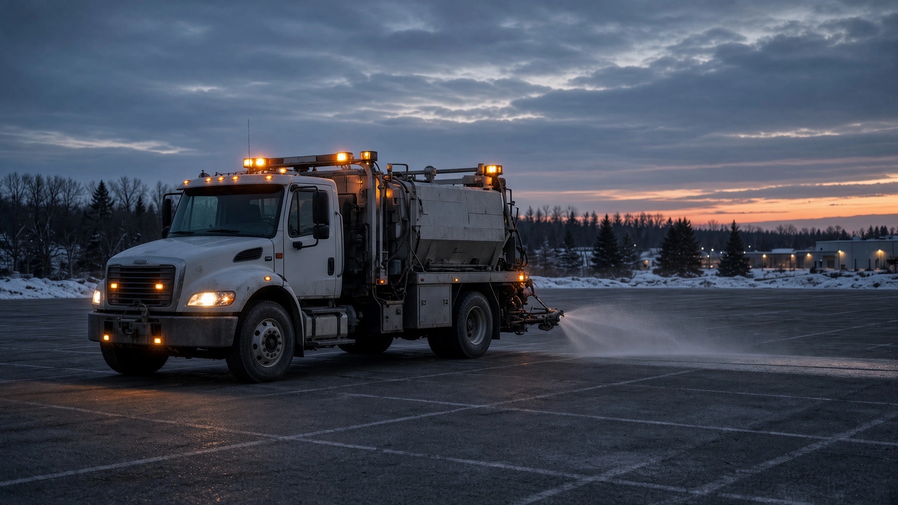 Service truck applying liquid de-icer across an empty parking lot at dusk