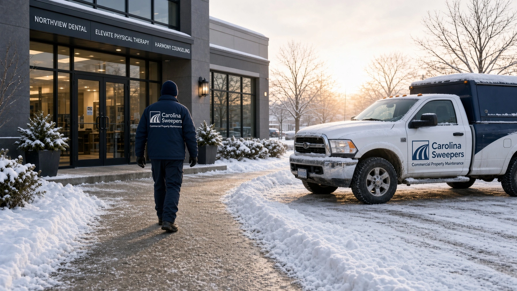 Carolina Sweepers crew member walking a cleared, salted walkway to a commercial building entrance
