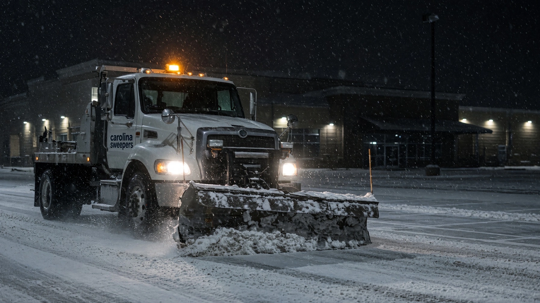 Carolina Sweepers snow plow truck clearing a commercial parking lot during nighttime snowfall