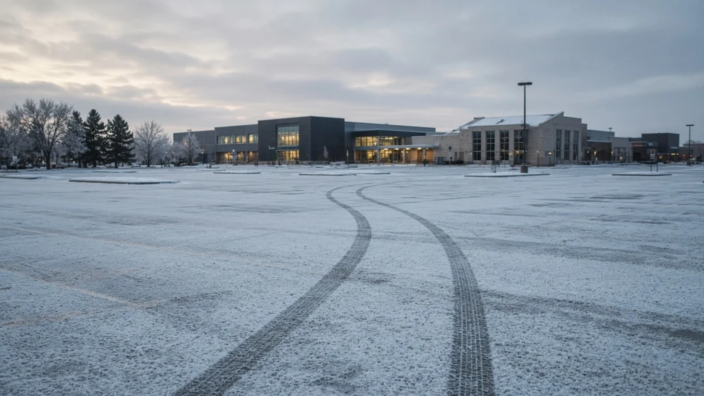 Empty snow-covered commercial parking lot with tire tracks at dawn