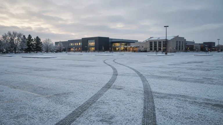 Empty snow-covered commercial parking lot with tire tracks at dawn