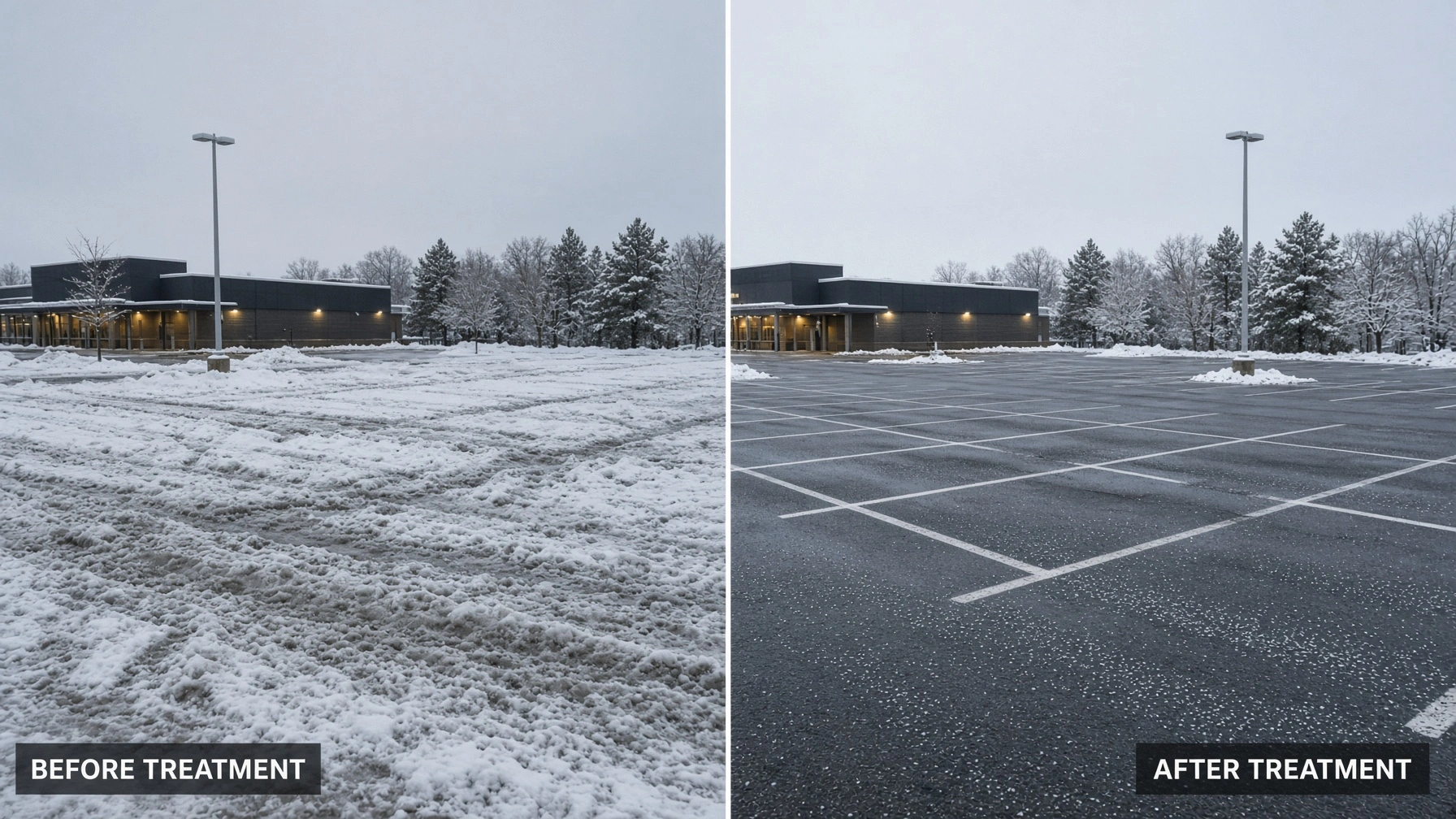 Before and after snow treatment on a commercial parking lot