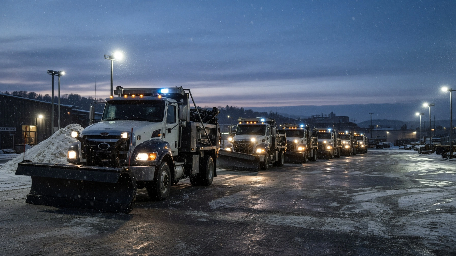 Line of commercial snow plow trucks staged with headlights on before a winter storm